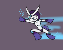 Size: 1280x1024 | Tagged: safe, artist:norg17, rarity, semi-anthro, g4, bipedal, clothes, cosplay, costume, crossover, female, mega man (series), purple background, quick man, running, simple background, solo, suit