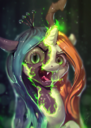 Size: 765x1080 | Tagged: safe, artist:assasinmonkey, crackle cosette, queen chrysalis, changeling, changeling queen, pony, g4, the mean 6, crown, female, green eyes, jewelry, mid-transformation, open mouth, regalia, shapeshifting, signature, solo, transformation