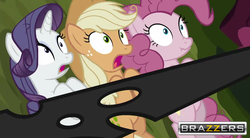 Size: 1666x922 | Tagged: safe, edit, edited screencap, screencap, mean applejack, mean pinkie pie, mean rarity, queen chrysalis, changeling, changeling queen, earth pony, pony, unicorn, g4, the mean 6, brazzers, clone, female, imminent rape, imminent sex, scrunchy face, tree