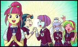 Size: 800x488 | Tagged: safe, artist:uotapo, indigo zap, lemon zest, sour sweet, sugarcoat, sunny flare, human, equestria girls, g4, adoraflare, clothes, cropped, crystal prep academy uniform, crystal prep shadowbolts, cute, happy, looking at you, pipboy, school uniform, shadow five, smiling, sourbetes, sugarcute, sunny flare's wrist devices, zapabetes, zestabetes