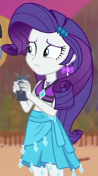 Size: 361x649 | Tagged: safe, screencap, rarity, equestria girls, equestria girls series, g4, lost and found, clothes, confused, cropped, ear piercing, female, phone, piercing, rarity's blue sarong, rarity's purple bikini, sarong, solo, swimsuit