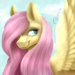 Size: 4000x4000 | Tagged: safe, artist:elicorngamer, fluttershy, pegasus, pony, g4, female, hair over one eye, looking back, mare, smiling, solo