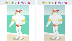 Size: 1169x658 | Tagged: safe, screencap, bulk biceps, derpibooru, equestria girls, equestria girls series, g4, turf war, barefoot, cap, clothes, comparison, cropped, feet, hat, juxtaposition, male, male nipples, meta, nipples, nudity, partial nudity, swimsuit, topless