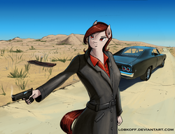 Size: 1600x1224 | Tagged: safe, artist:apocheck13, oc, oc only, anthro, plantigrade anthro, anthro oc, car, clothes, coat, desert, dodge charger, female, gun, solo, weapon