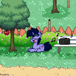 Size: 516x516 | Tagged: dead source, safe, artist:php142, oc, oc only, oc:purple flix, pony, unicorn, pony town, animated, apple, bench, bush, cute, ear fluff, eyes closed, fence, food, lying, male, music notes, outdoors, pixel art, radio, sleeping, snoring, solo, tree