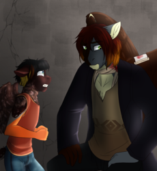 Size: 2036x2213 | Tagged: safe, artist:blackblood-queen, oc, oc only, oc:daniel dasher, oc:dusk flare, dracony, hybrid, pegasus, anthro, anthro oc, bandage, blood, clothes, coat, crying, father and son, floppy ears, high res, male, shirt, stallion