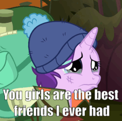 Size: 472x471 | Tagged: safe, edit, edited screencap, screencap, starlight glimmer, pony, g4, the mean 6, animated, backpack, cropped, crying, cute, daaaaaaaaaaaw, dialogue, female, friendship, gif, image macro, loop, meme, solo, tears of joy, teary eyes, text, wavy mouth