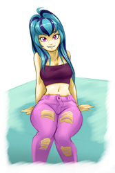 Size: 2304x3444 | Tagged: safe, artist:ambris, artist:joestart, color edit, edit, sonata dusk, equestria girls, g4, belly button, clothes, colored, cute, female, high res, hips, jeans, light skin, looking at you, midriff, pants, sitting, solo, sonatabetes, tattered, thighs, tube top, upscaled