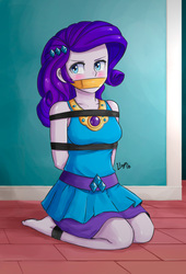 Size: 1359x1997 | Tagged: safe, artist:lleyx, rarity, equestria girls, equestria girls series, g4, arm behind back, barefoot, blushing, bondage, bound and gagged, breast bondage, breasts, clothes, duct tape, feet, female, femsub, gag, rope, skirt, solo, submissive, tape, tape gag, tied up