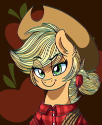 Size: 2300x2800 | Tagged: safe, artist:ciderpunk, applejack, earth pony, pony, g4, applejack's hat, bust, clothes, cowboy hat, cutie mark background, eye clipping through hair, female, hat, high res, lasso, looking at you, portrait, rope, solo