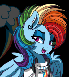Size: 2500x2800 | Tagged: safe, artist:ciderpunk, rainbow dash, pegasus, pony, g4, black background, bust, cutie mark background, ear piercing, earring, female, high res, jewelry, mare, mullet, piercing, simple background, solo