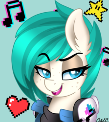 Size: 2650x2970 | Tagged: safe, artist:ciderpunk, oc, oc:chiptune, earth pony, pony, dreamworks face, headphones, high res, pixels