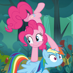 Size: 1067x1077 | Tagged: safe, screencap, pinkie pie, rainbow dash, pony, g4, the mean 6, cropped, duo, flower, forest, rose