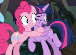 Size: 995x719 | Tagged: safe, screencap, pinkie pie, rainbow dash, twilight sparkle, alicorn, pony, g4, the mean 6, cropped, forest, hug, twilight sparkle (alicorn)