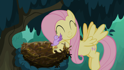 Size: 1920x1080 | Tagged: safe, screencap, fluttershy, bird, pegasus, pony, g4, the mean 6, ^^, cute, eyes closed, female, flying, mare, nest, shyabetes, smiling, solo, tree, tree branch