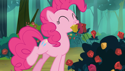 Size: 1920x1080 | Tagged: safe, screencap, pinkie pie, earth pony, pony, g4, the mean 6, female, flower, forest, rose, solo