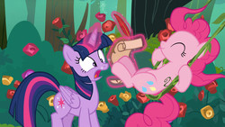 Size: 1920x1080 | Tagged: safe, screencap, pinkie pie, twilight sparkle, alicorn, pony, g4, the mean 6, belly, flower, forest, quill, rose, scroll, swing, swinging, twilight sparkle (alicorn)