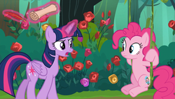 Size: 1920x1080 | Tagged: safe, screencap, pinkie pie, twilight sparkle, alicorn, earth pony, pony, g4, the mean 6, flower, forest, glowing horn, horn, magic, quill, rose, scroll, swing, telekinesis, twilight sparkle (alicorn)