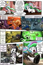 Size: 724x1102 | Tagged: safe, artist:candyclumsy, apple bloom, applejack, fido, princess celestia, princess luna, rainbow dash, rarity, rover, scootaloo, spot, sweetie belle, diamond dog, pony, unicorn, comic:two sisters go camping, g4, arrow, blushing, cage, carnivorous plant, comic, cutie mark crusaders, dead, face down ass up, female, grammar error, implied death, literal butthurt, lying down, mare, missing horn, on back, pain, plant, sitting, wingless, yoko ono