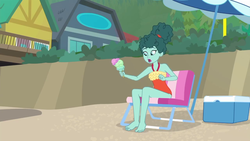 Size: 1280x720 | Tagged: safe, screencap, leafy mint, equestria girls, equestria girls series, g4, turf war, background human, barefoot, clothes, feet, female, food, ice cream, one-piece swimsuit, solo, swimsuit