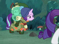 Size: 662x493 | Tagged: safe, screencap, rarity, starlight glimmer, pony, unicorn, g4, the mean 6, animated, backpack, bag, boots, camping outfit, clothes, eyes closed, falling, female, frown, hat, lamp, lidded eyes, parka, prone, shoes, solo focus, tired, tripping, walking, wide eyes