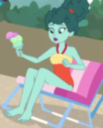 Size: 436x542 | Tagged: safe, screencap, leafy mint, equestria girls, equestria girls series, g4, turf war, background human, barefoot, clothes, cropped, feet, female, food, ice cream, one-piece swimsuit, solo, swimsuit