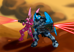 Size: 4961x3508 | Tagged: safe, artist:in3ds2, oc, oc:blue thunder (mc1594), oc:twist flower, anthro, duo, fallout, fallout: new vegas, female, male, mare, op is short on time, siblings, stallion, weapon