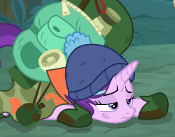 Size: 827x648 | Tagged: safe, screencap, mean applejack, starlight glimmer, pony, unicorn, g4, the mean 6, animated, backpack, bag, boots, camping outfit, clone, clothes, cropped, female, hat, looking down, looking up, parka, prone, shoes, solo focus, tired