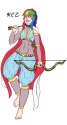 Size: 1024x1912 | Tagged: safe, artist:korencz11, rainbow dash, human, g4, archer dash, arrow, barefoot, bow (weapon), bow and arrow, cape, clothes, feet, female, humanized, solo, weapon