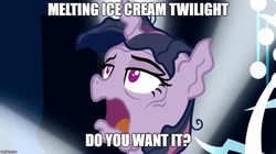 Size: 888x499 | Tagged: safe, edit, edited screencap, screencap, mean twilight sparkle, alicorn, pony, g4, the mean 6, clone, dying, female, food, ice cream, image macro, mare, meme, open mouth, solo, you know for kids, you ruined everything
