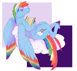 Size: 1200x1100 | Tagged: safe, artist:dragoncuali, rainbow dash, pegasus, pony, g4, abstract background, book, cloud, female, looking at you, lying, mare, reading, solo, spread wings, wings