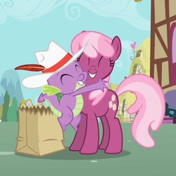 Size: 555x555 | Tagged: safe, screencap, cheerilee, spike, dragon, earth pony, pony, g4, secret of my excess, baby, baby dragon, bag, birthday gift, cheeribetes, cloud, cropped, cute, cutie mark, duo, eyes closed, feather, female, grateful, grin, grocery bag, hat, house, hug, male, mare, mountain, pimp hat, ponyville, skunk stripe, sky, smiling, spikabetes, thanking, tree