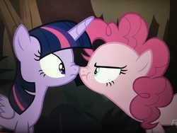 Size: 4032x3024 | Tagged: safe, screencap, pinkie pie, twilight sparkle, alicorn, pony, g4, the mean 6, boop, cropped, duo, noseboop, scrunchy face, twilight sparkle (alicorn)