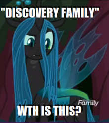Size: 361x408 | Tagged: safe, edit, edited screencap, screencap, queen chrysalis, changeling, changeling queen, g4, the mean 6, caption, cropped, discovery family, discovery family logo, female, fourth wall, image macro, meme, meta, solo, what the hell?