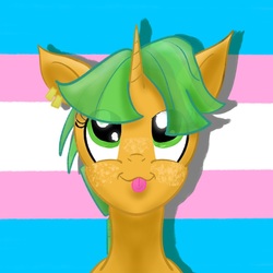 Size: 800x800 | Tagged: safe, artist:sixes&sevens, derpibooru exclusive, snails, pony, unicorn, g4, alternate hairstyle, ear piercing, earring, female, freckles, glitter shell, jewelry, lgbt, male, piercing, pride, solo, tongue out, trans female, transgender, transgender pride flag, trap