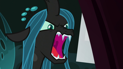 Size: 1280x720 | Tagged: safe, screencap, queen chrysalis, changeling, changeling queen, g4, the mean 6, fangs, female, hatred, mawshot, open mouth, sharp teeth, teeth, uvula, yelling