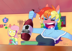 Size: 1600x1137 | Tagged: safe, artist:0ndshok, fluttershy, rainbow dash, anthro, g4, alcohol, apple cider, armpits, blushing, drunk, drunker dash, duo