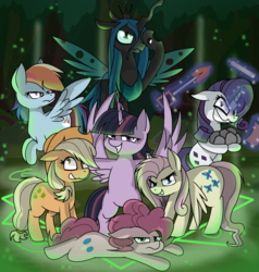 Size: 1624x1708 | Tagged: dead source, safe, artist:pencil bolt, mean applejack, mean fluttershy, mean pinkie pie, mean rainbow dash, mean rarity, mean twilight sparkle, queen chrysalis, alicorn, earth pony, pegasus, pony, unicorn, g4, the mean 6, clone, clone six, everfree forest, evil rainbow dash, evil smile, female, glowing horn, greedity, grin, horn, i'm surrounded by idiots, looking at you, magic, mare, mean six, rock, shovel, smiling, telekinesis, tree, unamused