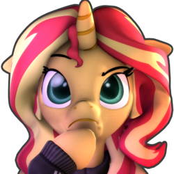 Size: 2160x2160 | Tagged: safe, artist:imafutureguitarhero, sunset shimmer, pony, unicorn, equestria girls, g4, 3d, adidas, alternate hairstyle, bust, clothes, contemplating, digital art, emoji, equestria girls ponified, female, floppy ears, freckles, high res, hoodie, hoof on chin, mare, nose wrinkle, outline, peppered bacon, ponified, raised eyebrow, simple background, solo, source filmmaker, square, thinking, tracksuit, transparent background, 🤔