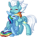 Size: 147x150 | Tagged: safe, artist:ak4neh, fleetfoot, rainbow dash, pegasus, pony, g4, adorable face, animated, breathing, commission, commissioner:fleetfoot, cute, daaaaaaaaaaaw, diafleetes, eyes closed, female, fleetdash, happy, hug, lesbian, mare, pixel art, shipping, simple background, sitting, smiling, standing, transparent background