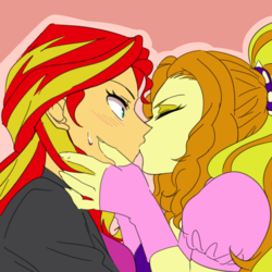 Size: 1000x1000 | Tagged: safe, artist:raika0306, adagio dazzle, sunset shimmer, equestria girls, g4, my little pony equestria girls: rainbow rocks, blushing, clothes, duo, eyes closed, female, fingerless gloves, foe yay, gloves, jacket, kiss on the lips, kissing, leather jacket, lesbian, ship:sunsagio, shipping, simple background, surprise kiss, surprised, sweat