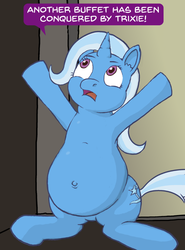 Size: 750x1016 | Tagged: safe, artist:sybaris, trixie, pony, g4, belly, belly button, bloated, buffet, chubby, fat, female, outie belly button, solo, standing up, stuffed, the great and bountiful trixie, weight gain