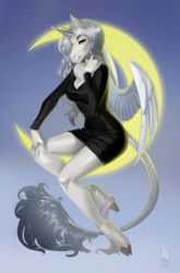 Size: 1024x1550 | Tagged: safe, artist:aonikaart, oc, oc only, oc:valinye, alicorn, anthro, unguligrade anthro, alicorn oc, anthro oc, beautiful, black dress, breasts, cleavage, clothes, cloven hooves, dress, female, leonine tail, little black dress, looking at you, mare, pinup, solo, tangible heavenly object, unshorn fetlocks