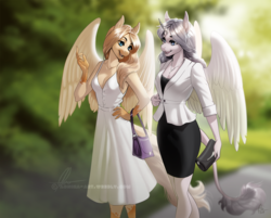 Size: 1000x804 | Tagged: safe, artist:aonikaart, oc, oc only, oc:amber, oc:valinye, alicorn, pegasus, anthro, alicorn oc, anthro oc, breasts, cleavage, clothes, dress, duo, female, leonine tail, mare, purse, scenery, talking
