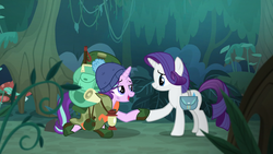 Size: 1920x1080 | Tagged: safe, screencap, rarity, starlight glimmer, pony, unicorn, g4, the mean 6, backpack, bag, boots, camping outfit, clothes, everfree forest, frown, hat, helping, lamp, parka, prone, shoes, tired, tripping