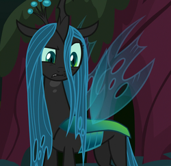Size: 1112x1080 | Tagged: safe, screencap, queen chrysalis, changeling, changeling queen, g4, the mean 6, annoyed, cropped, everfree forest, female, forest, former queen chrysalis, gritted teeth, raised eyebrow, solo