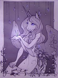 Size: 1024x1359 | Tagged: safe, artist:larest, oc, oc only, oc:valinye, alicorn, anthro, absolute cleavage, alicorn oc, beautiful, breasts, cleavage, clothes, dress, eyelashes, flower, glowing eyes, jewelry, looking at something, modern art, monochrome, necklace, nouveau, partial color, side slit, spread wings, total sideslit, wings