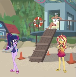 Size: 1116x1130 | Tagged: safe, artist:php77, edit, edited screencap, editor:php77, screencap, sci-twi, sunset shimmer, timber spruce, twilight sparkle, equestria girls, g4, my little pony equestria girls: better together, turf war, beach, clothes, feet, female, geode of empathy, geode of telekinesis, glasses, lifeguard timber, male, ponytail, sandals, screenshots, swimsuit