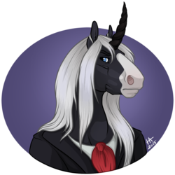 Size: 1000x1001 | Tagged: safe, artist:hedja, oc, oc only, oc:raeshlavik, unicorn, anthro, anthro oc, bust, clothes, male, simple background, solo, suit, transparent background