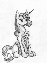 Size: 749x1000 | Tagged: safe, artist:akurion, rarity, pony, unicorn, g4, clothes, female, grayscale, horn, lidded eyes, mare, monochrome, realistic horse legs, sharp horn, sitting, sketch, solo, toga, traditional art
